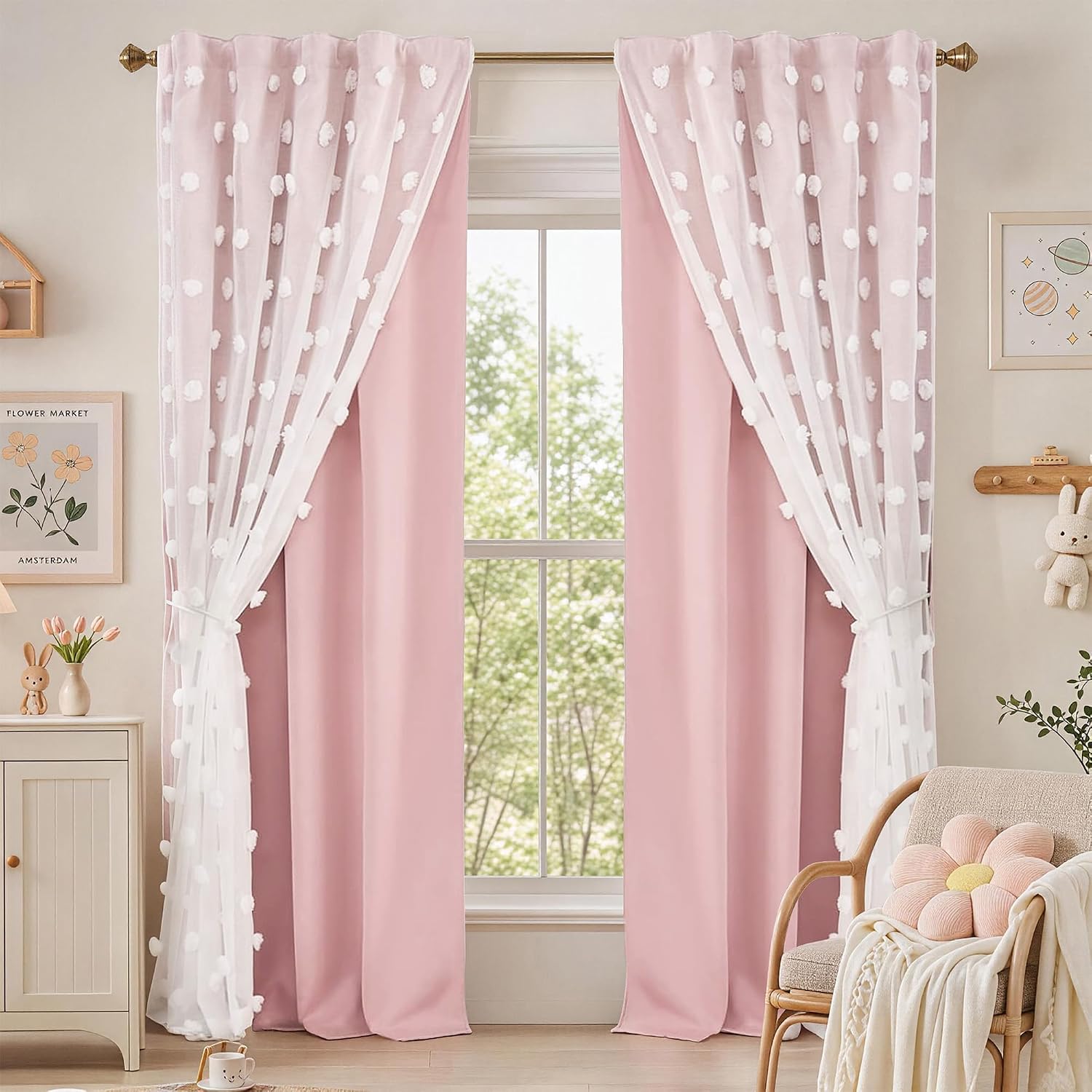 Pink Sheer Pom Pom Curtains