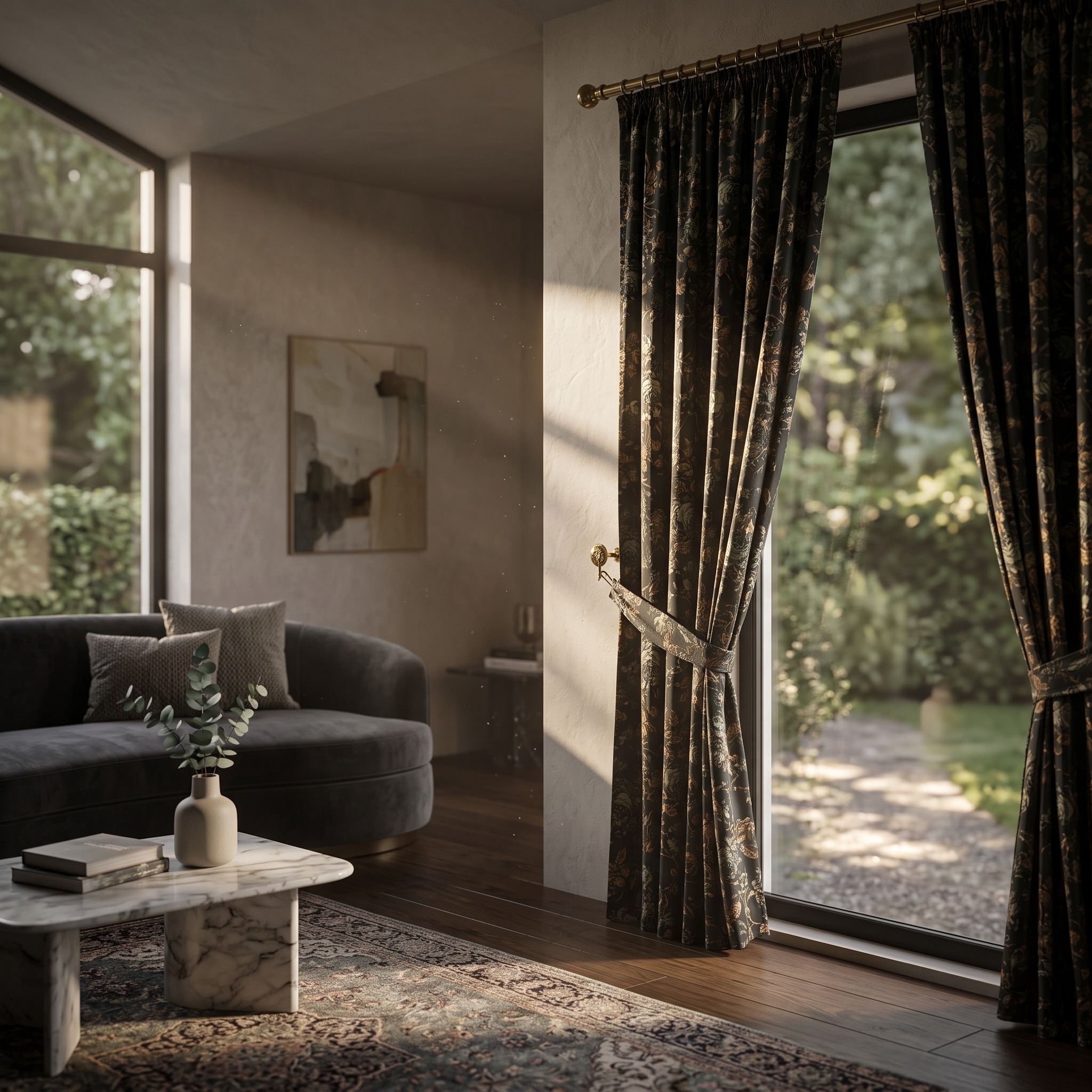 Taupe Floral Textured Curtains - Image 2