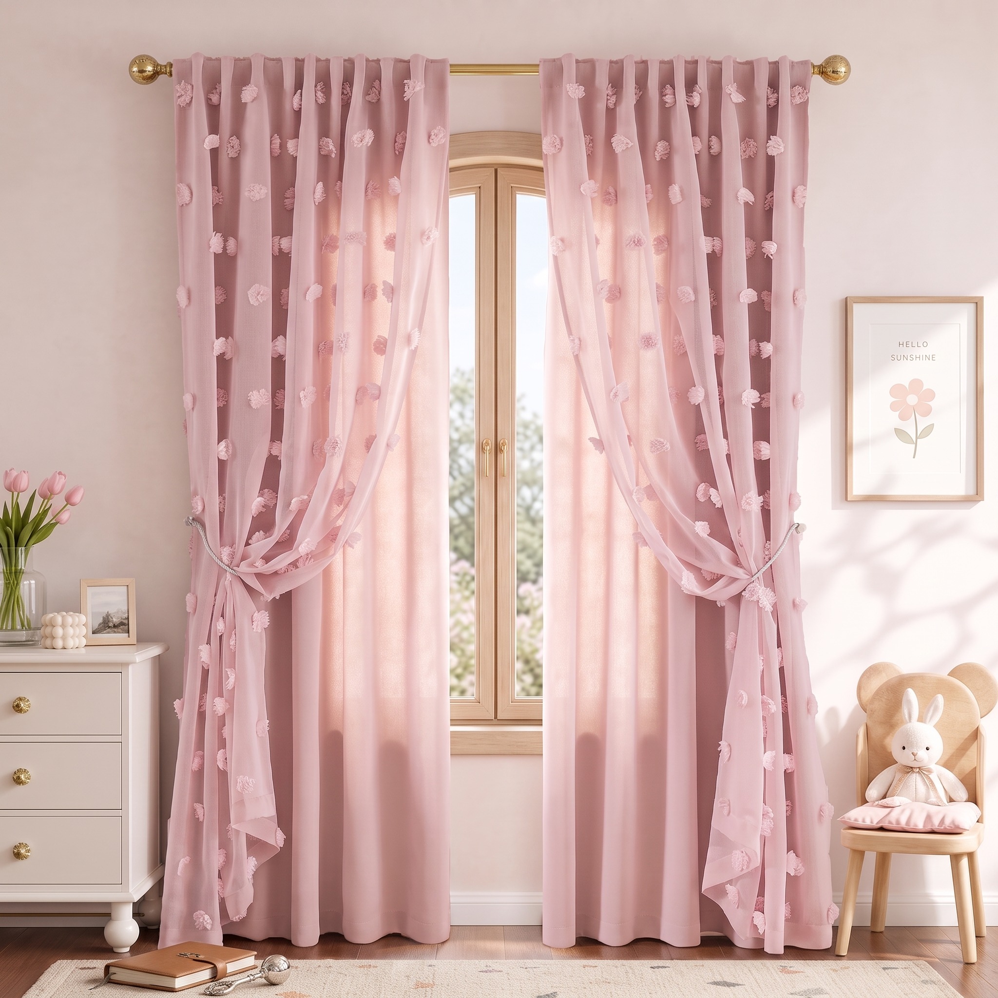 Pink Sheer Pom Pom Curtains - Image 2